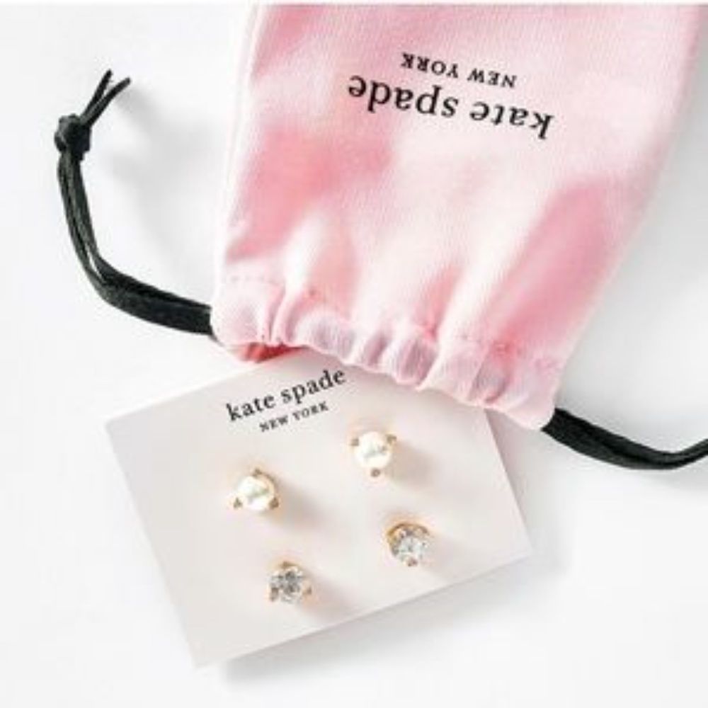 Kate Spade Rise and Shine Faux Pearl and CZ Stud Earrings Gold Plated 2 Pair Set